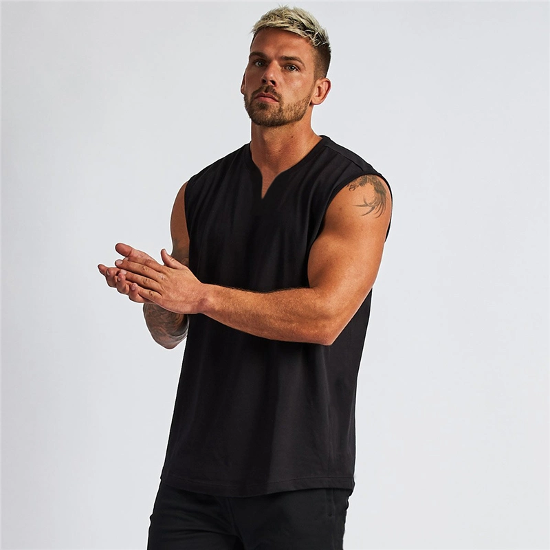 Summer Cotton V-Neck Fitness Tank Top Men Gym Clothing Bodybuilding Sleeveless Shirt Workout Fashion Sports Singlets Muscle Vest